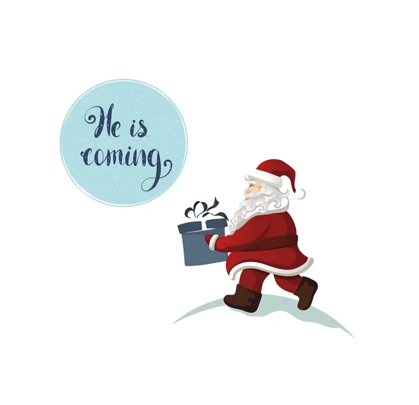 Cartoon Santa Claus trägt die Weihnachtsgeschenkschachtel mit Weihnachtstext — Stockvektor