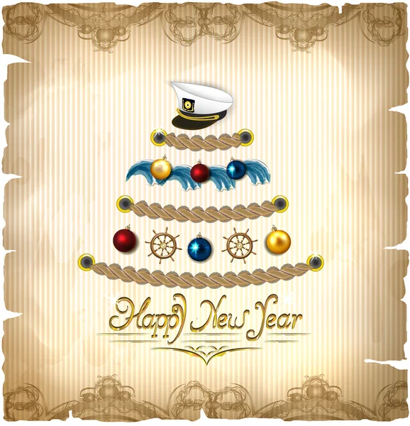 Nový rok strom v námořnickém stylu na magický pergamen pozadí — Stockový vektor