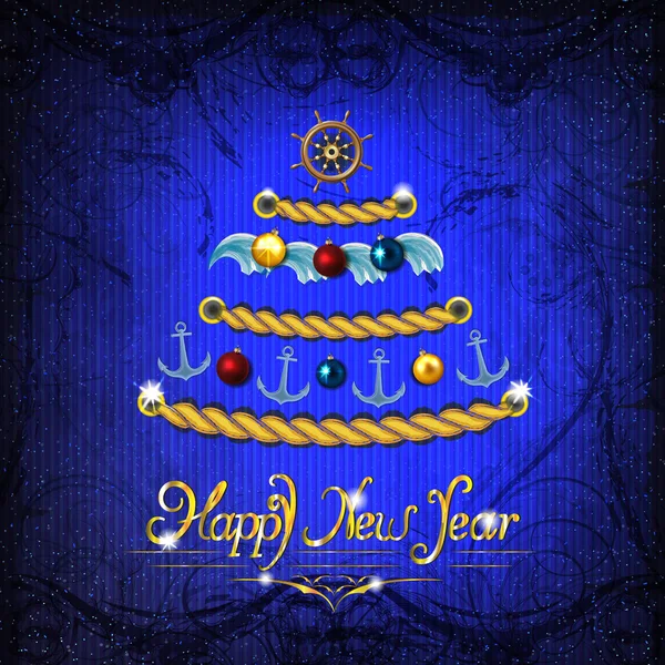 Nový rok strom v námořnickém stylu na kouzelné tmavě modré pozadí. — Stockový vektor