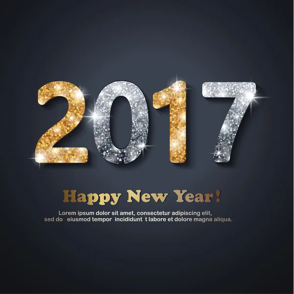 Złoty i srebrny brokat tekst nowy rok 2017 w nowoczesnym stylu, na czarnym tle — Wektor stockowy