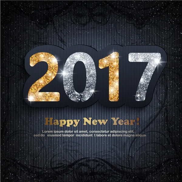 The gold and silver glitter New Year 2017 text in modern style on a magic dark background — Stock Vector