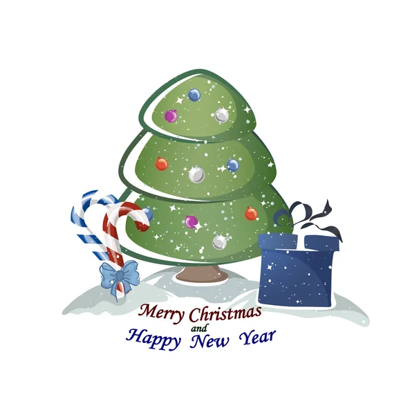 Šťastný nový rok a veselé Vánoce blahopřání hranice s sadu symbolů svátků maib jako jedle, candy, dárkové krabice. — Stockový vektor