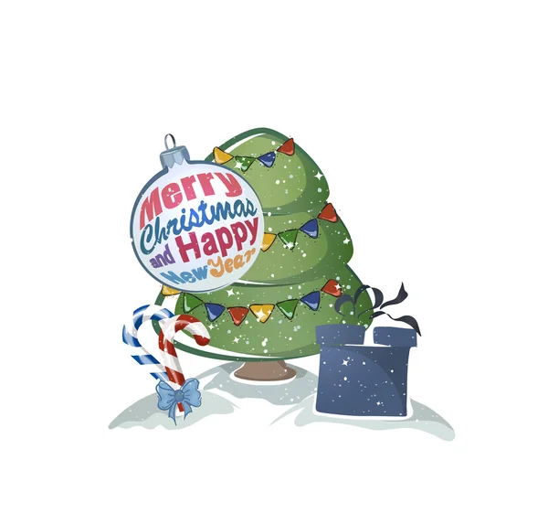 Feliz Año Nuevo y Feliz Navidad tarjeta de felicitación frontera con el conjunto de maib vacaciones símbolos tales como abeto, dulces, caja de regalo . — Vector de stock