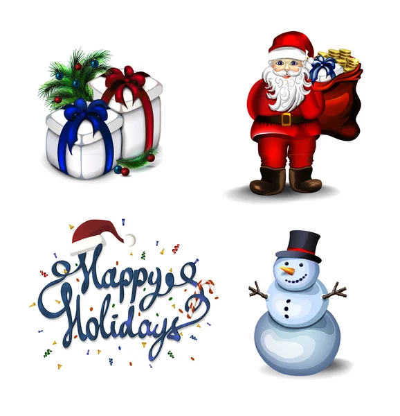 Feliz Ano Novo e Feliz Natal fronteira cartão de saudação com conjunto de símbolos principais feriados, como um Papai Noel, boneco de neve, caixa de presente e texto de saudação . — Vetor de Stock