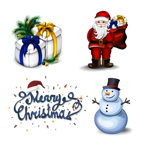 Szczęśliwy granicy z życzeniami Wesołych Świąt Bożego Narodzenia i nowy rok z zestaw symboli głównych świąt, takich jak Santa Claus, bałwan, pudełko i tekst powitania. — Wektor stockowy