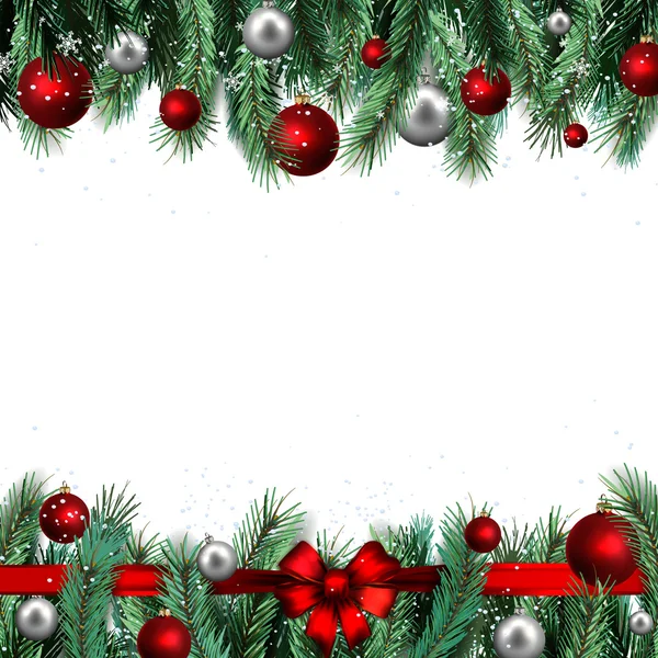 A armação de árvore de Natal festiva e brinquedos. vector. O arco vermelho de férias acrescenta o humor alegre da composição . — Vetor de Stock