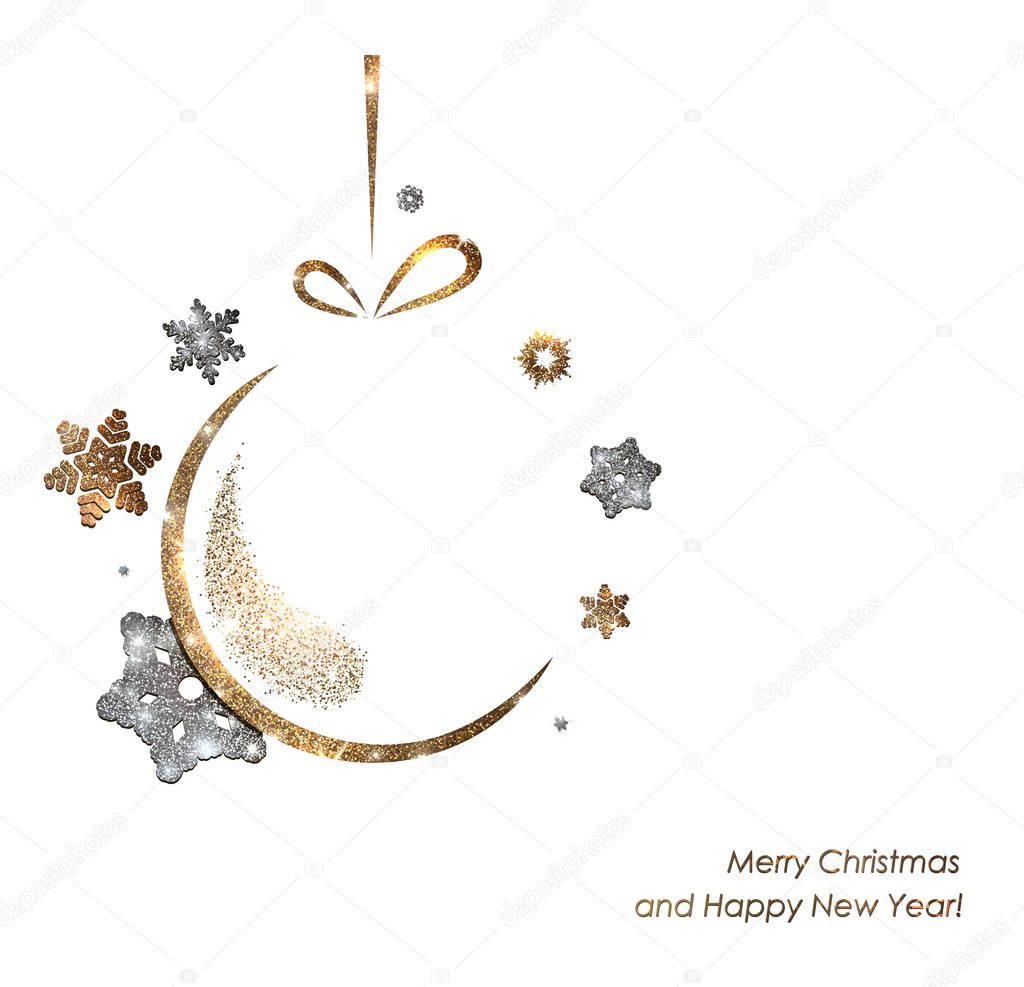The gold glitter winter holiday border. frame in shape of the christmas toy for your text with modern snowflakes behind it.