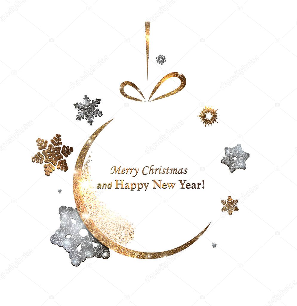 The gold glitter winter holiday border. frame in shape of the christmas toy for your text with modern snowflakes behind it.
