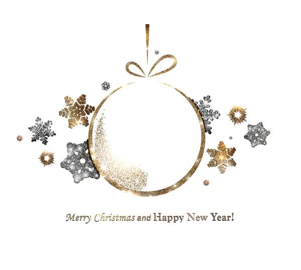 Altın glitter kış tatil sınır. çerçeve şeklinde arkasında modern kar taneleri ile metin için Noel oyuncak.