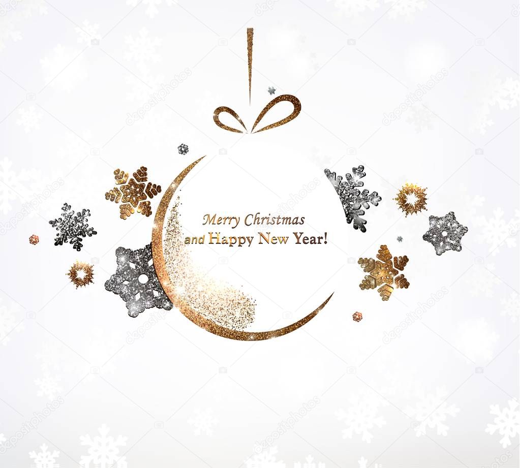 The gold glitter winter holiday border. frame in shape of the christmas toy for your text with modern snowflakes behind it.