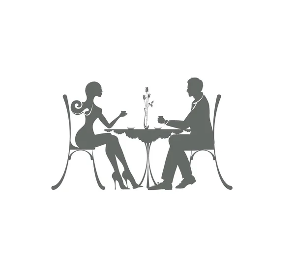 Икона милой пары мужчин и женщин, сидящих в кафе. приятная встреча и любовная атмосфера. красивая стройная женщина на свидании с молодым бизнесменом Пара пьет кофе — стоковый вектор