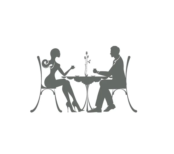 L'icône d'un couple mignon d'hommes et de femmes assis dans un café. agréable atmosphère de rencontre et d'amour. belle femme mince est dans la date avec le jeune homme d'affaires Pair prend du café — Image vectorielle