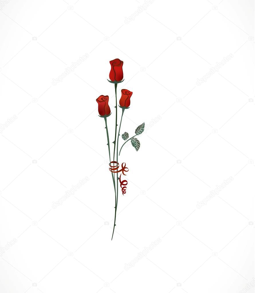 Elegance red roses silhouette with ribbon and light bow. long rose in bouquet. beautiful flower. bouquet on holidays and romantic date. red rose icon. logo for decoration and elegance decor border