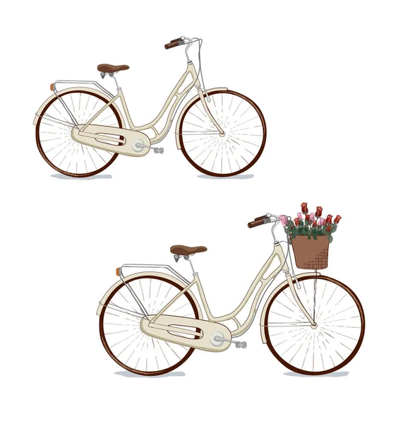 L'icône de vélo vectoriel dessinée à la main avec panier pour fleurs. le bouquet de roses. l'icône vectorielle pour illustrer le voyage drôle et les voyages romantiques. le vélo fait partie d'une vie saine — Image vectorielle