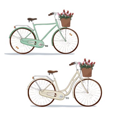 el vektör şehir bisikleti simgesiyle çiçek sepeti çekilmiş. gül buketi. komik yolculuk ve romantik geziler illüstrasyon vektör simgesi. Bisiklete binme sağlıklı yaşamın bir parçasıdır