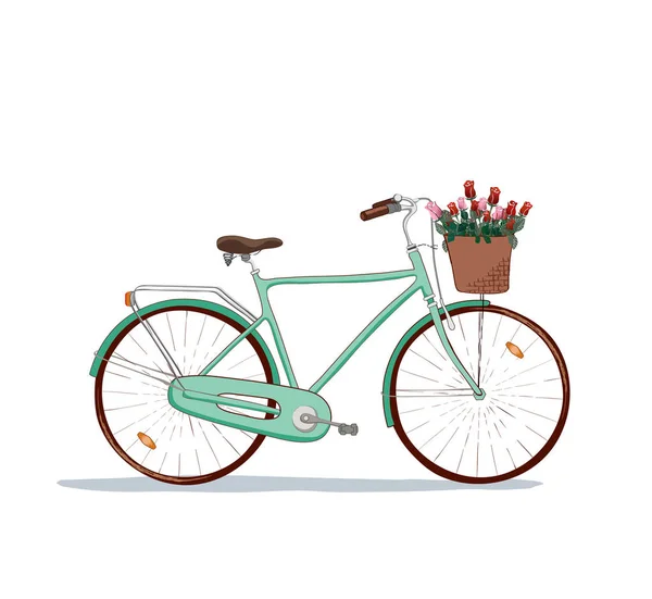 A kézzel rajzolt vektoros city bike ikon kosár virágot. a bouquet, rózsa. vicces utazás és romantikus illusztráció vektor ikonjára. a kerékpáros egy része az egészséges élet — Stock Vector
