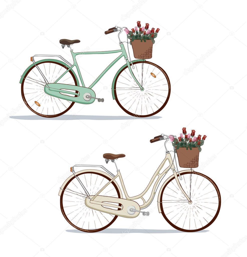 the hand drawn vector city bike icon with basket for flowers. the bouquet of roses.  the vector icon for illustration of funny journey and romantic trips. the cycling is a part of healthy life