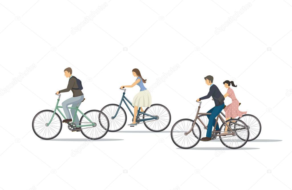 The icon of cyclist. The woman is riding the bike. The man is riding the bike. Group of people is biking. Person rides bike. The elements of transport infrastructure. The concept of active life.