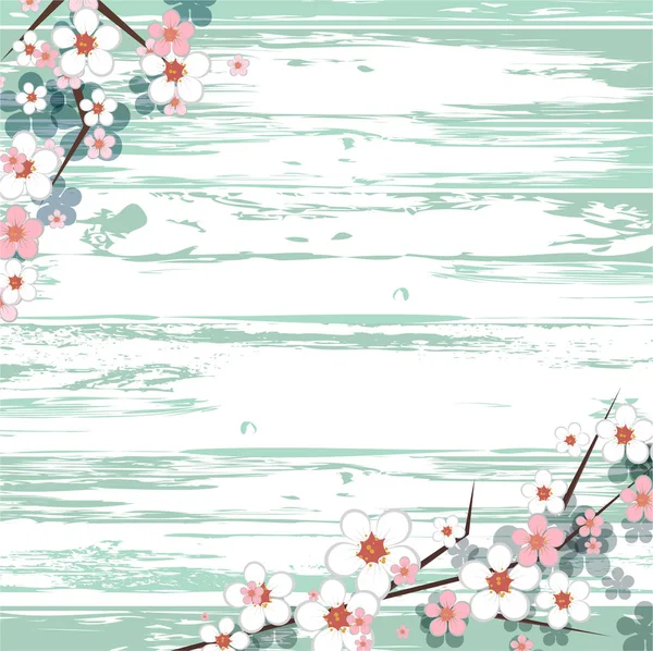 Hola marco de primavera. frontera para saludos de temporada. fondo de madera clara. flores suaves de primavera. rosa y flor blanca. marco de resorte vectorial para texto — Vector de stock