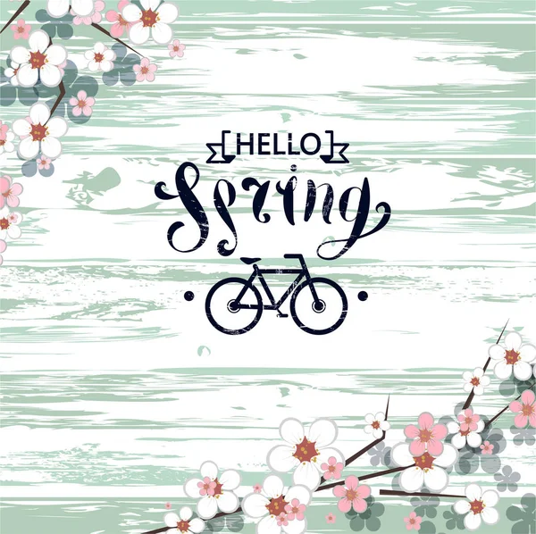 Hello spring text. hand drawn seasonal greetings. light wooden background. soft spring flowers. pink and white blossom. vector spring frame for text — Stock Vector