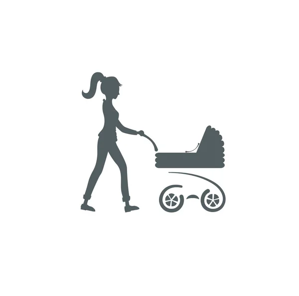 Giovane madre che cammina con carrozzina. la simpatica icona della carrozzina. La carrozzina per camminare con il bambino all'aria aperta . — Vettoriale Stock