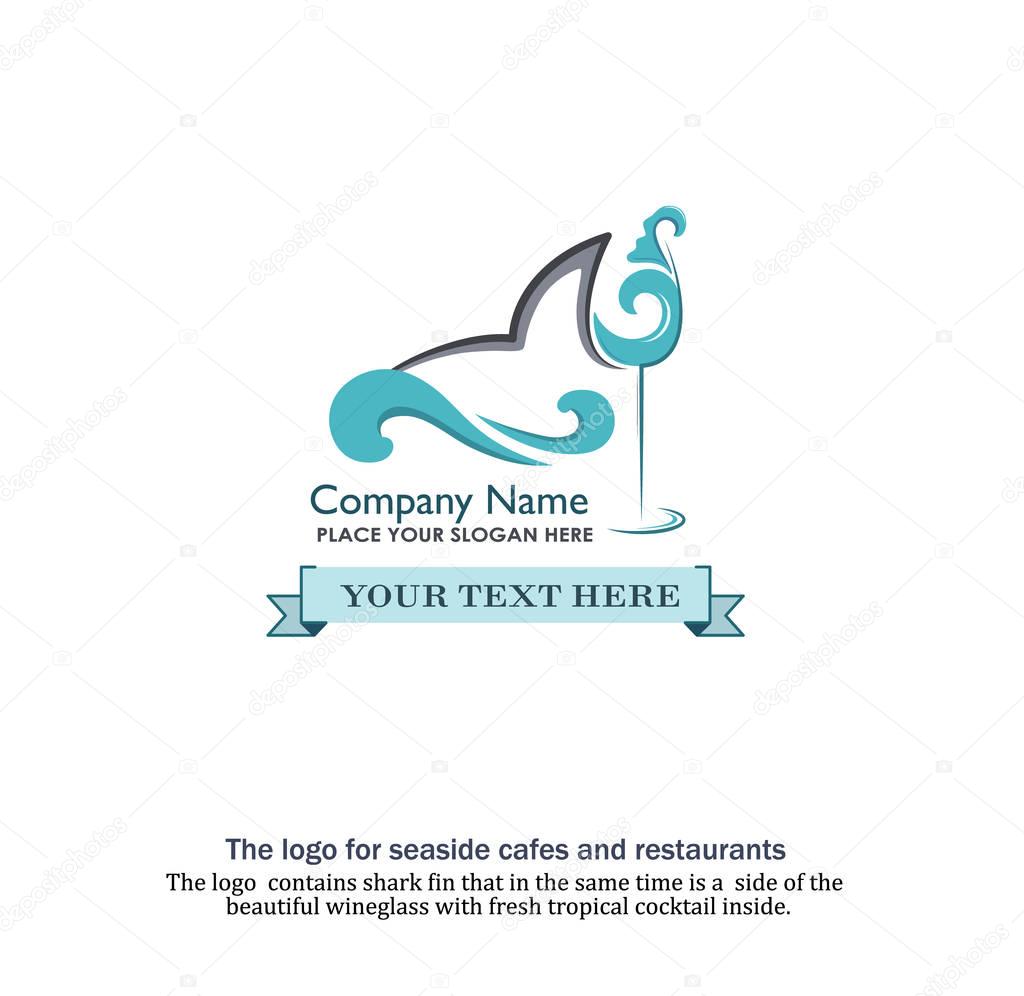 The logo  contains shark fin that in the same time is a  side of the  Beautiful wineglass with fresh tropical cocktail inside. The cocktail is posed on the shape of breeze sea wave. Seafood cafe