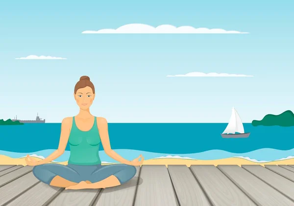 Mujer joven practicando yoga en la playa del mar. El concepto de estilo de vida saludable. Clase de yoga, centro de yoga. Postura de estiramiento. Postura relajante y tranquila del loto. Actividad sanitaria . — Vector de stock