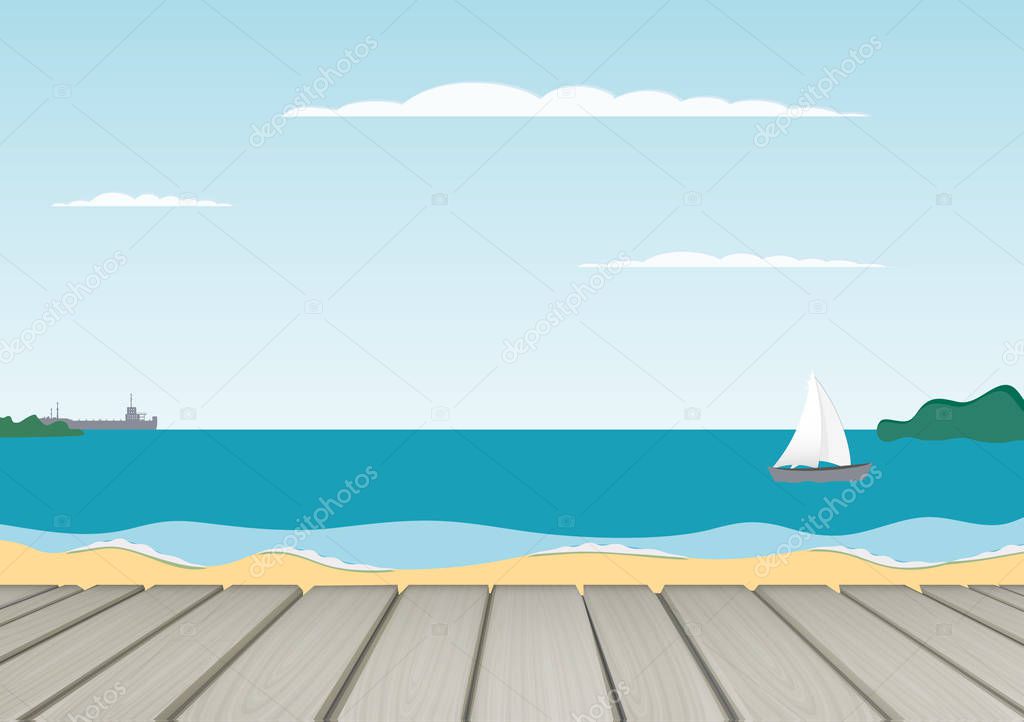 Relax vector background. Summer landscape. sand and sea and sky. calm waves on the beach. Blue sky and quiet sea. Pleasant view. Seasonal summer background. Season card. Sailboat and ship silhouettes