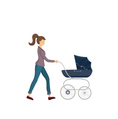 Young mother walking with baby carriage. the cute icon of baby carriage. The pram for walking with baby on the open air. Little kid on a walk with mother. clipart