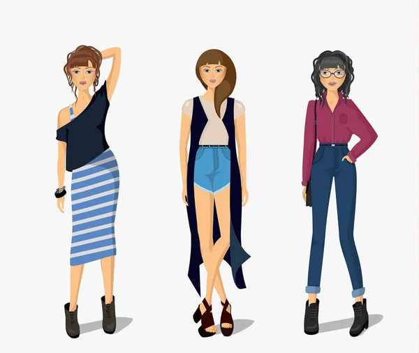 Moda menina ícone conjunto. estilo menina hipster. figura fina. cartaz para promoção de roupas. mulheres vestidas com acessórios. A jovem está a sair. Conjunto de estilo de moda bonita Ilustrações De Stock Royalty-Free