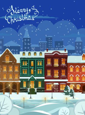 Neşeli Noel ve mutlu yeni yıl karlı şehir kış şehir manzarası ile arka plan. rahat ev ve ağaçlar. Eski şehirde Noel arifesi. Noel tebrik kartı arka plan afiş. Vektör çizim.