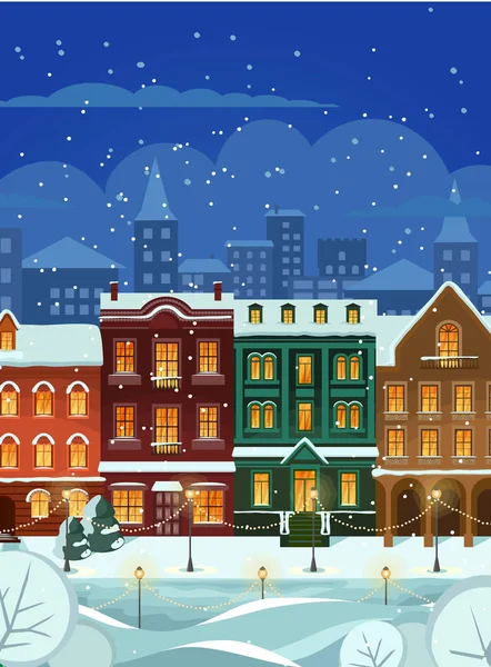 Feliz Navidad y feliz año nuevo fondo de la ciudad nevada con paisaje de la ciudad de invierno. acogedora casa y árboles. Nochebuena en el casco antiguo. Cartel de fondo de tarjeta de felicitación navideña. Ilustración vectorial . Ilustración De Stock