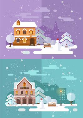 Neşeli Noel ve mutlu yeni yıl karlı şehir kış şehir manzarası ile arka plan. rahat ev ve ağaçlar. Eski şehirde Noel arifesi. Noel tebrik kartı arka plan afiş. Vektör çizim.