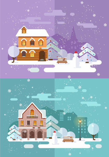 Merry Christmas and Happy New Year snowy city Background with Winter City Landscape. cozy house and trees. Christmas eve in old town. Christmas greeting card background poster. Vector illustration.