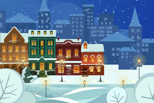 快乐圣诞，快乐新年雪市冬季城市景观的背景。舒适的房子和树。在旧城的平安夜。圣诞贺卡背景海报。矢量图. 免版税图库插图