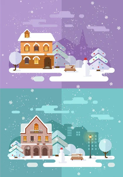 Feliz Natal e Feliz Ano Novo Cidade nevada Fundo com Winter City Landscape. casa acolhedora e árvores. Véspera de Natal na cidade velha. Cartão de Natal cartaz de fundo do cartão. Ilustração vetorial . Vetores De Stock Royalty-Free