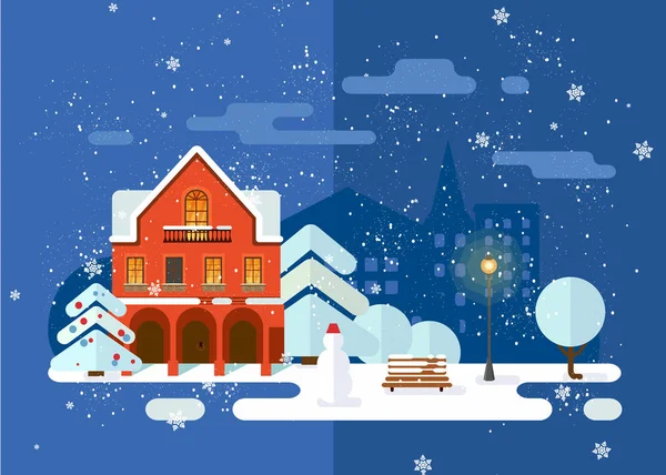 Feliz Navidad y feliz año nuevo fondo de la ciudad nevada con paisaje de la ciudad de invierno. acogedora casa y árboles. Nochebuena en el casco antiguo. Cartel de fondo de tarjeta de felicitación navideña. Ilustración vectorial . — Vector de stock