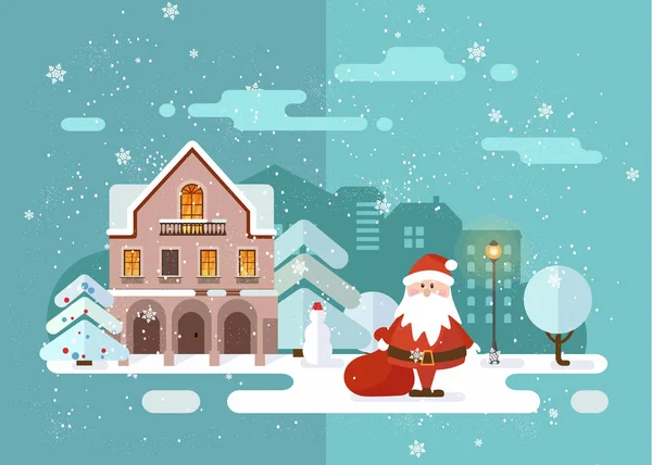 Feliz Natal e Feliz Ano Novo Cidade nevada Fundo com Winter City Landscape. casa acolhedora e árvores. Véspera de Natal na cidade velha. Cartão de Natal cartaz de fundo do cartão. Ilustração vetorial . Vetores De Stock Royalty-Free