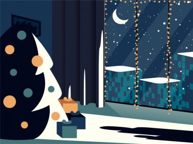 Mutlu Noeller ve mutlu yeni yıl tatil. Kış karlı gökyüzü arka plan. rahat Oda ve Noel ağacı. pencere ve kar. Noel arifesi. Noel tebrik kartı. Şehir kış manzarası ile arka plan