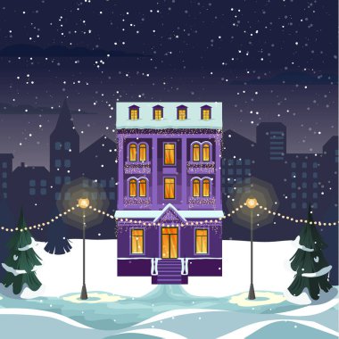Neşeli Noel ve mutlu yeni yıl karlı şehir kış şehir manzarası ile arka plan. rahat ev ve ağaçlar. Eski şehirde Noel arifesi. Noel tebrik kartı arka plan afiş. Vektör çizim