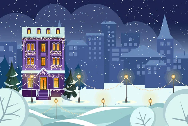 快乐圣诞 快乐新年雪市冬季城市景观的背景 舒适的房子和树 在旧城的平安夜 圣诞贺卡背景海报 矢量图 图库矢量图片