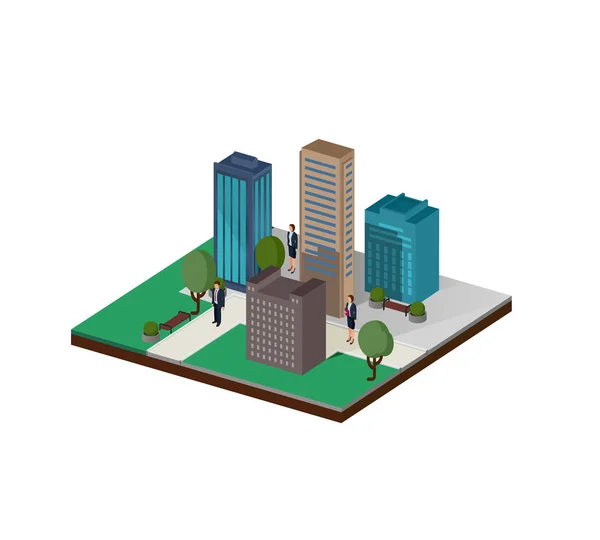 Conjunto Iconos Ciudad Isométrica Modelo Rascacielos Con Figura Empresarial Del — Vector de stock