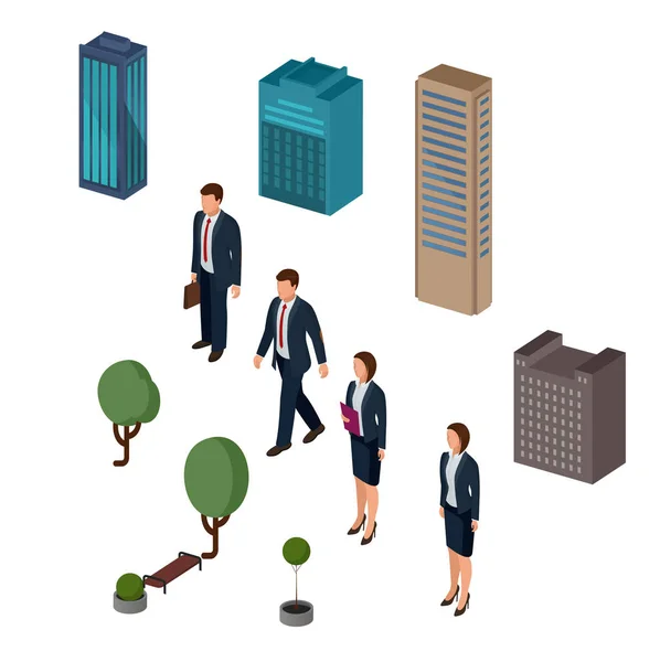 Isometric City Icon Set Skyscraper Model Business Figure Man Woman — Stock Vector