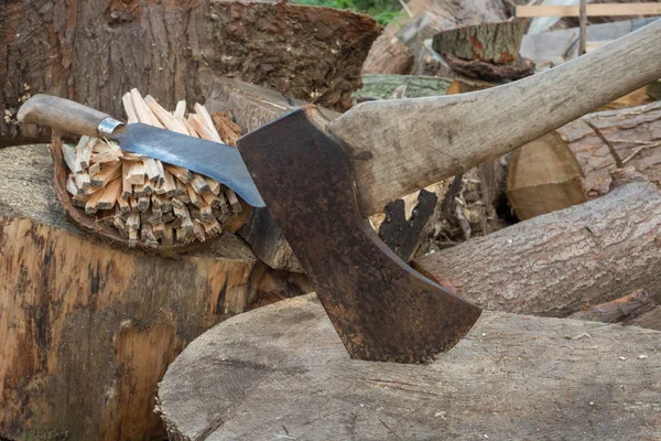 Rusty Hatchet y una cuchilla de segador — Foto de Stock