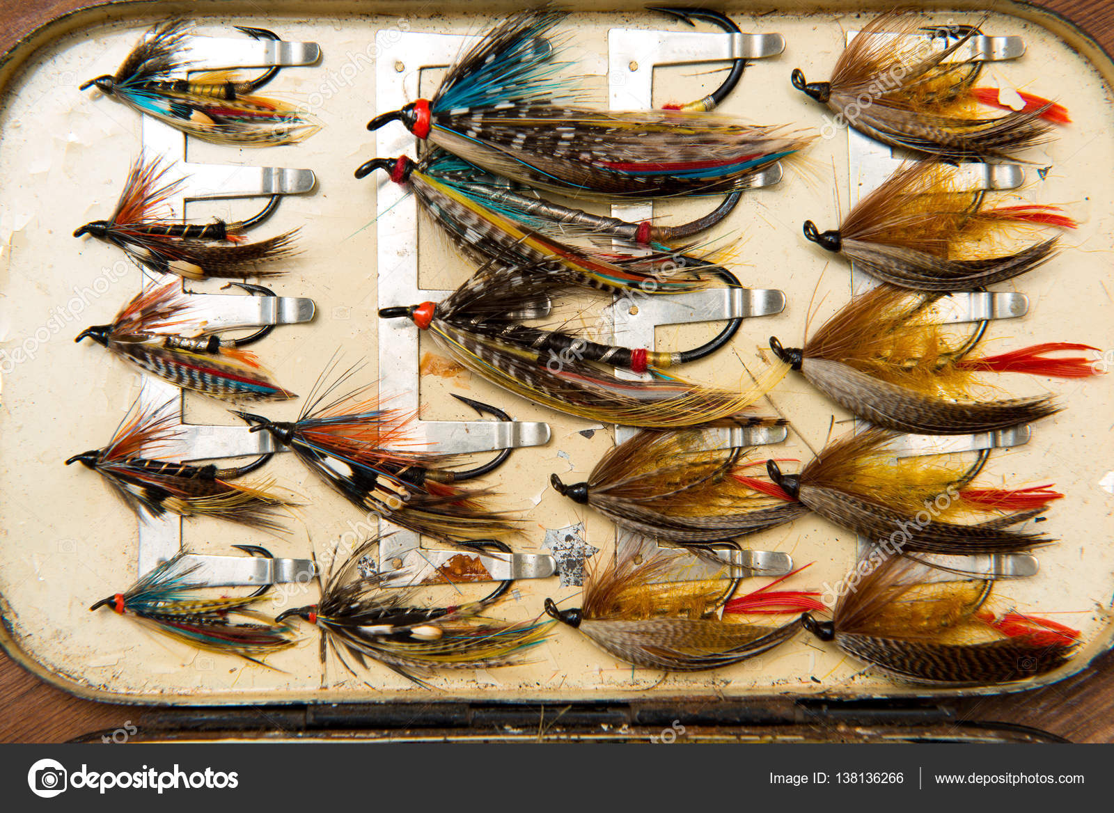 Close up of salmon flies in tin Stock Photo by ©stock
