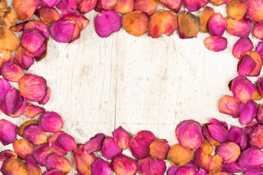 Kırmızı gül yaprakları kopya veya metin merkezi çerçeve için oda ile sıkıntılı beyaz ahşap arka plan etrafında bir çerçeve oluşturmak