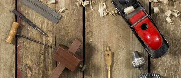 Old Woodworking Tools Shot Website Banner Format Tools Include Bradle — Stock Photo, Image