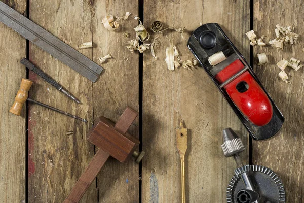 Gamle Træbearbejdningsværktøjer Værktøjer Omfatter Bradle Punch Gauge Lineal Bore Bore - Stock-foto