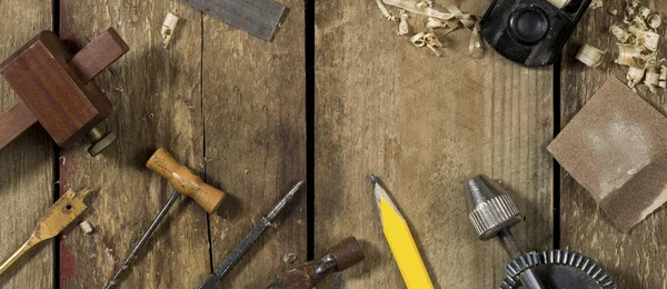 Old Woodworking Tools Shot Website Banner Format Tools Include Bradle — Stock Photo, Image