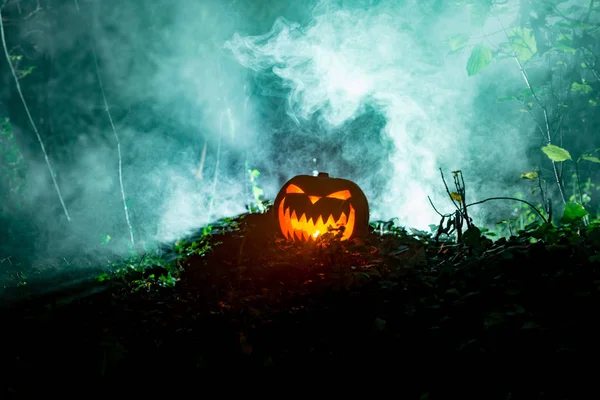 Spooky Incandescente Testa Zucca Intagliata Fiochi Boschi Nebbiosi — Foto Stock